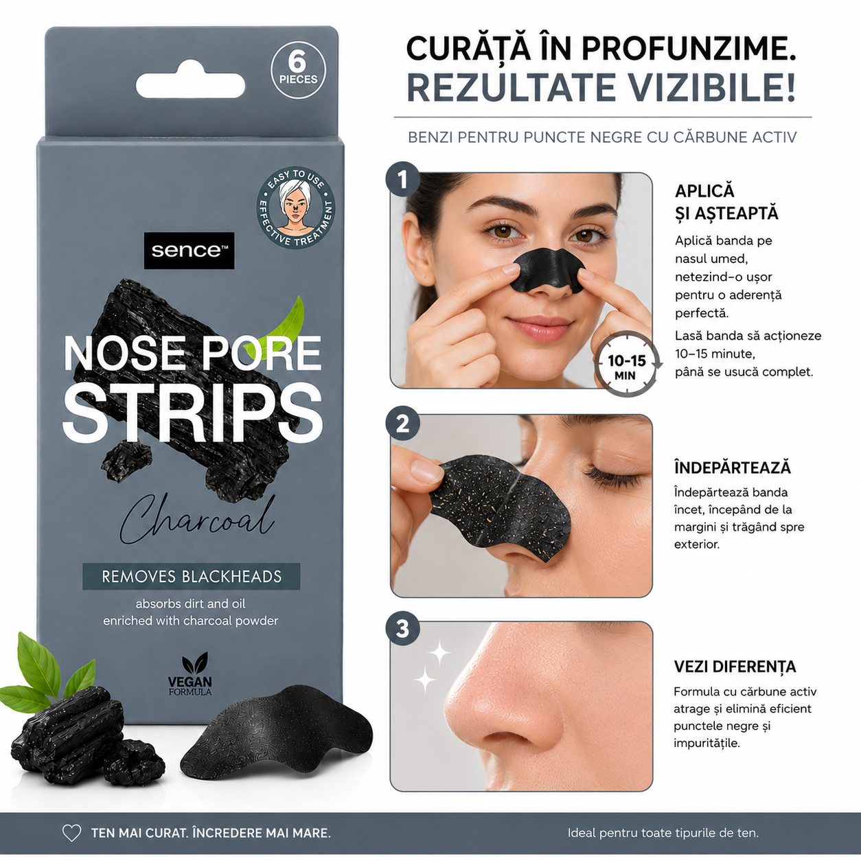 Benzi pentru Puncte Negre cu Cărbune Activ - Sence 6 buc.