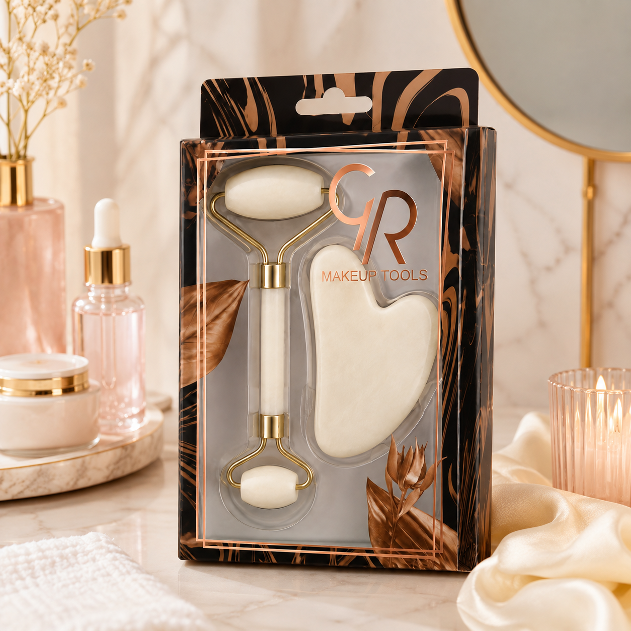 Set Masaj Facial Gua Sha + Rolă Cuarț Alb