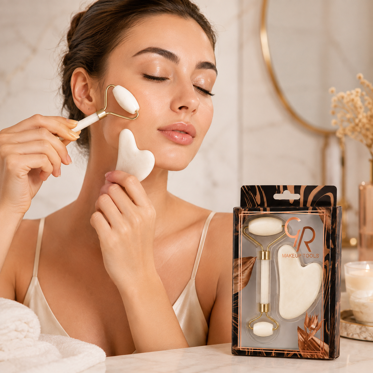 Set Masaj Facial Gua Sha + Rolă Cuarț Alb